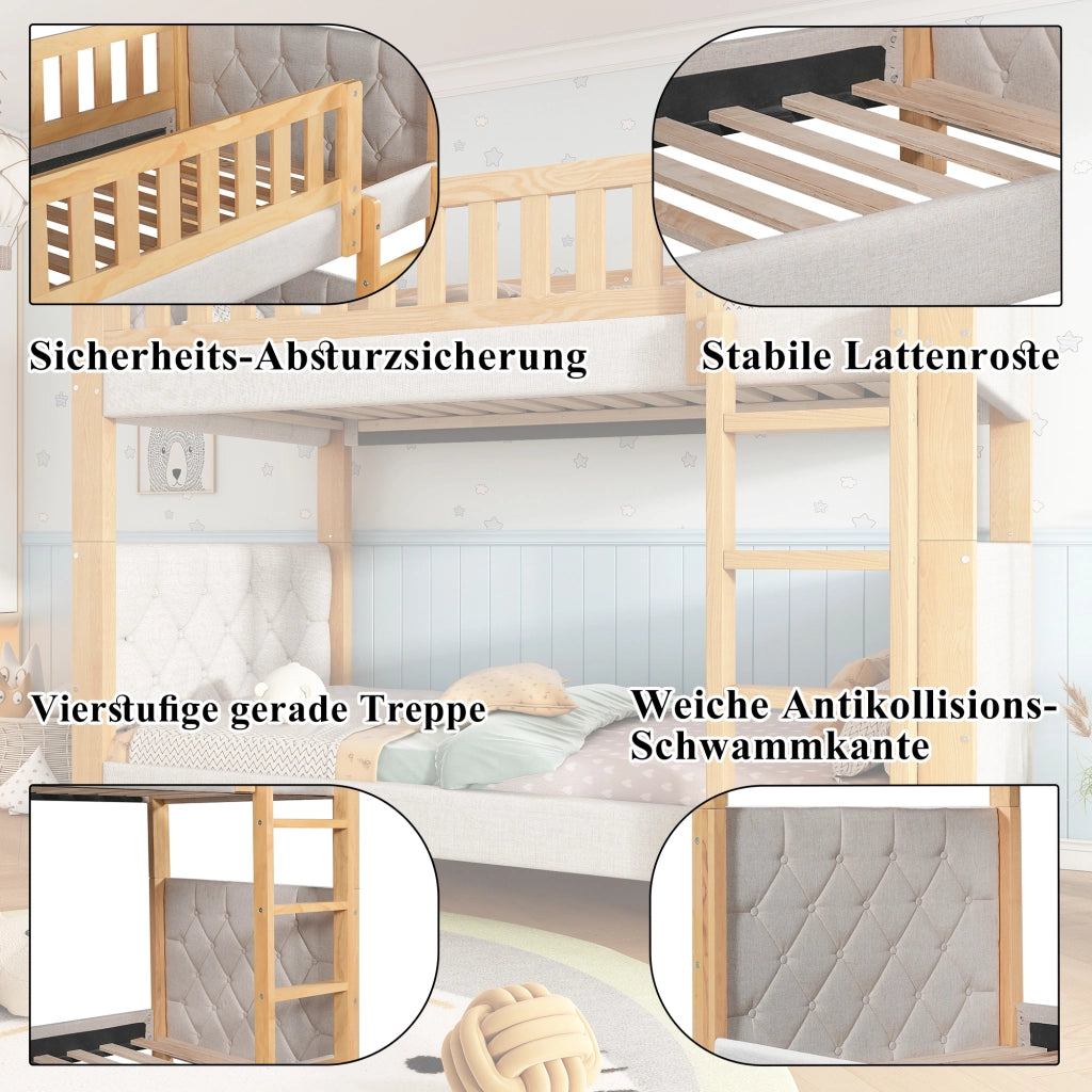 OKWISH Letto a Castello 90×200 cm, Letto Singolo con Scala Dritta 4 Gradini, Sponde e Bordo Antiurto, senza Materasso, Grigio