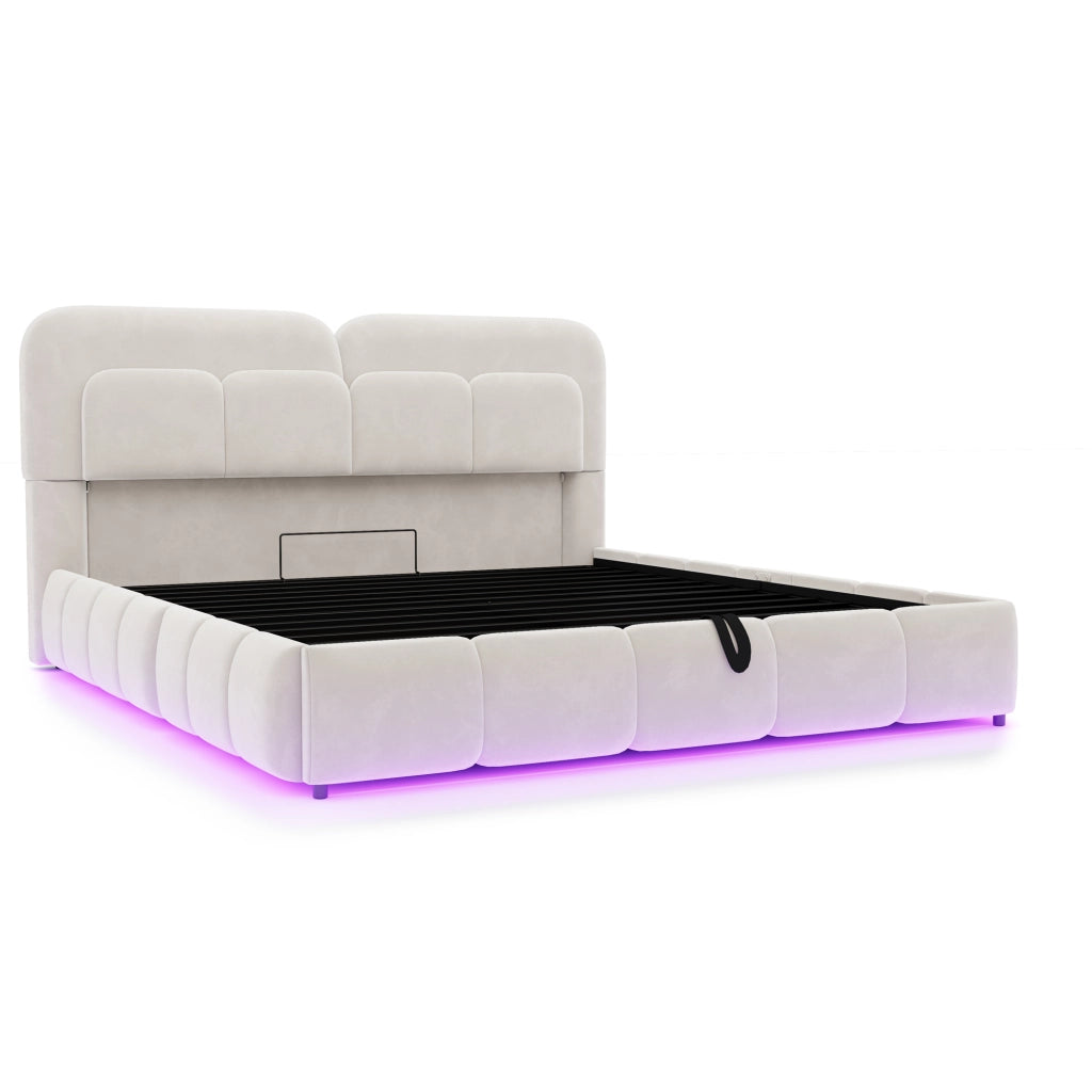 Letto imbottito 140x200 cm con contenitore idraulico; LED multicolore e rivestimento in velluto beige