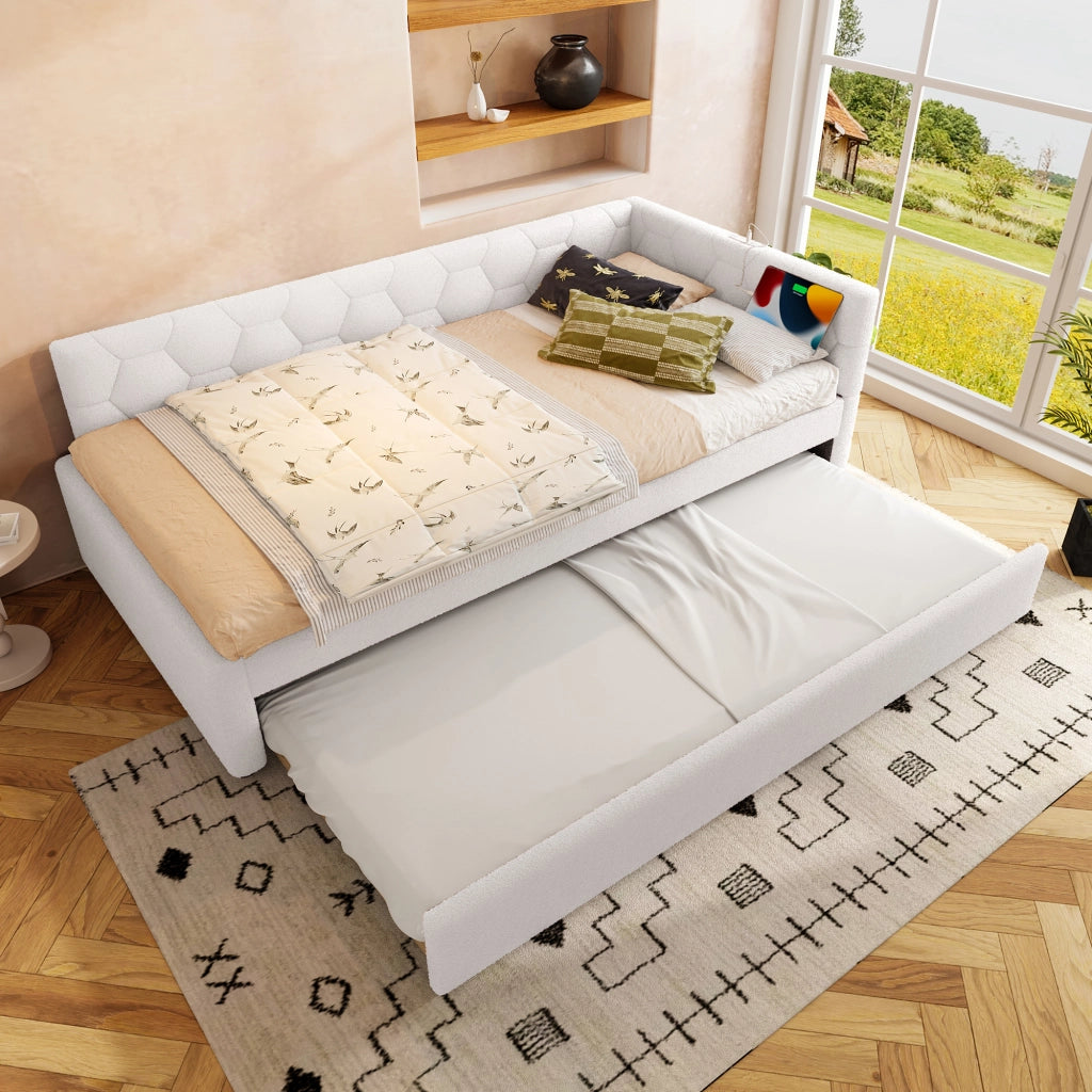 LETTO Giorno 90x200 cm in Bouclé Bianco con letto estraibile, USB e Tipo-C