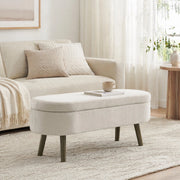 Panca contenitore con vano portaoggetti e coperchio ammortizzato in chenille e legno massello beige 110 × 40 × 42 cm