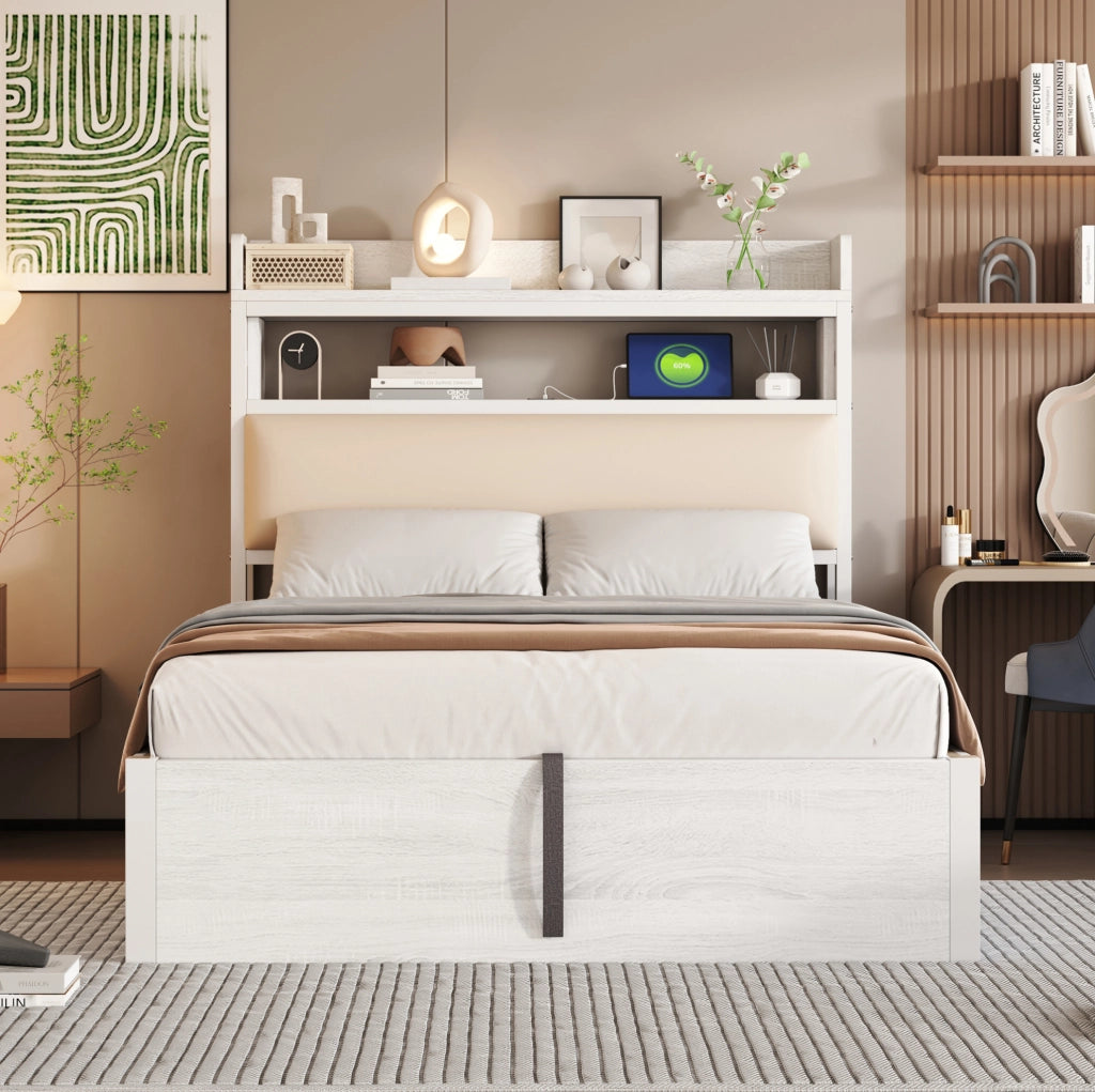 Letto singolo 90x200 cm con contenitore; meccanismo di sollevamento idraulico; USB; bianco