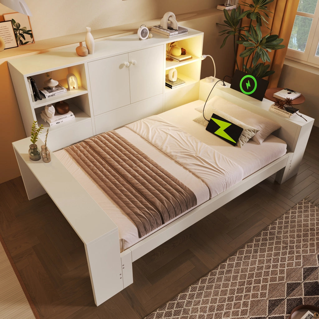 DESMIU Lit Simple 90 × 200 cm con letto estraibile, USB, Type-C e luce lettura, senza materasso, bianco