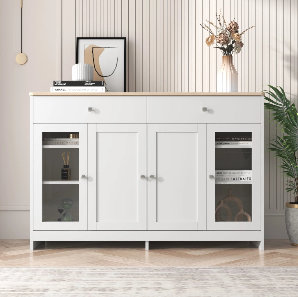 Credenza 120x37x80 cm con 2 cassetti; 4 ante e ripiani regolabili; MDF bianco e colore legno