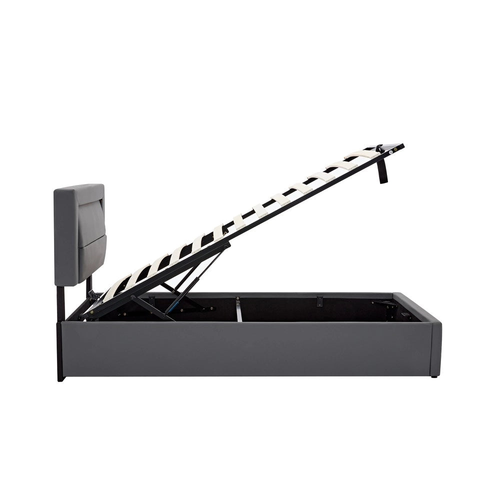 Letto Imbottito con LED e Contenitore ¨C MINIMAL ¨C Grigio, Similpelle, 90x190