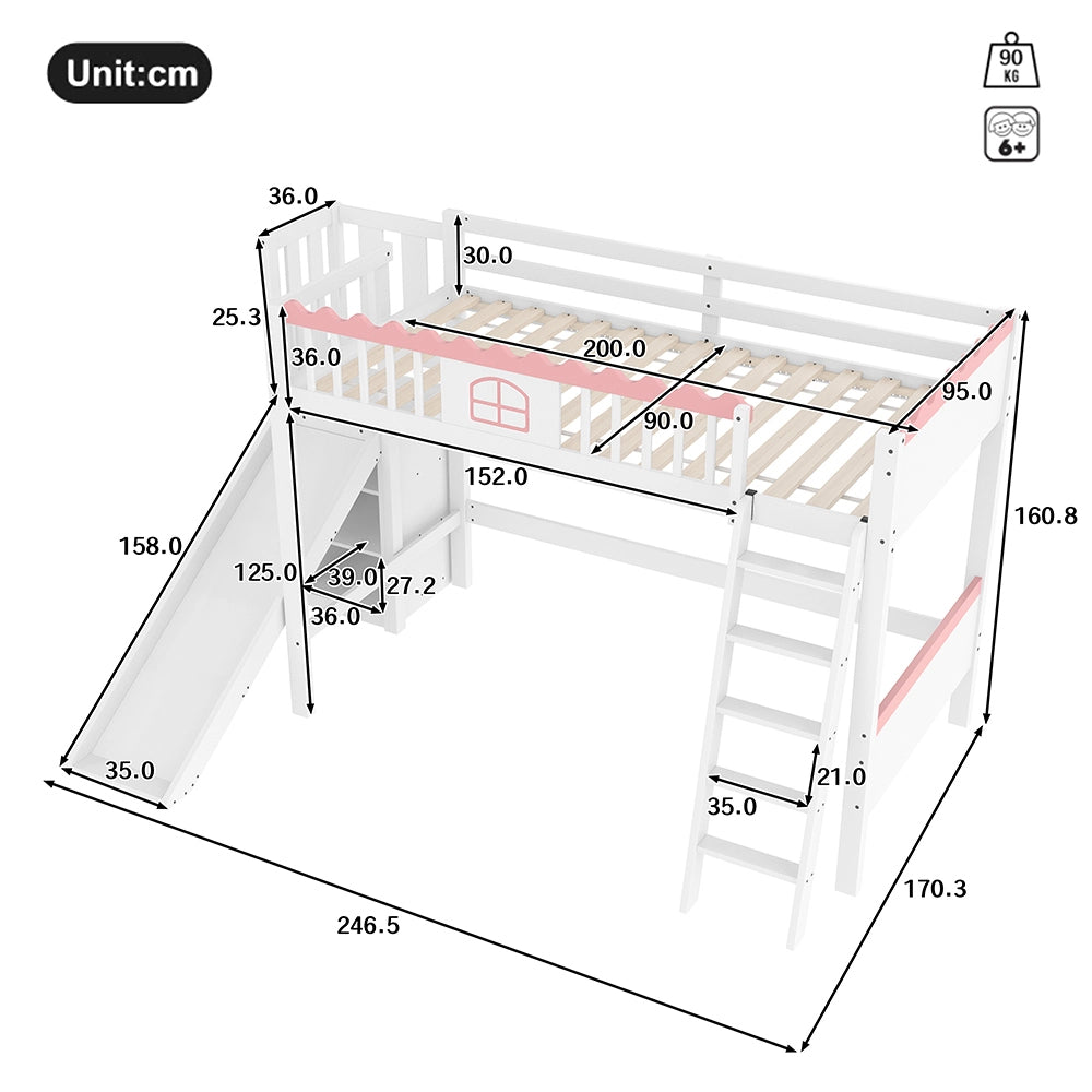 Letto a Soppalco Bambini con Scivolo – Xylo – 90x200cm, Pino, Luci LED, Scaffali, Cert. EN747, Bianco, Senza Materasso