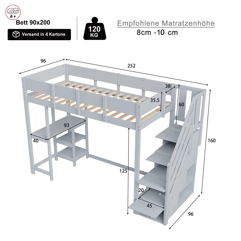 Letto a Soppalco Singolo con Scala Contenitore e Scaffale 90×200 cm; senza Materasso; in Legno; Grigio
