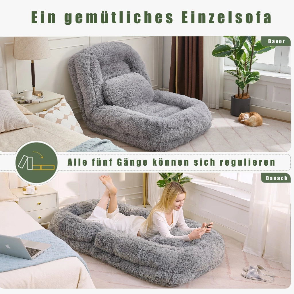 Divano convertibile da pavimento con schienale regolabile a 5 posizioni e cuscino in tessuto peluche grigio chiaro