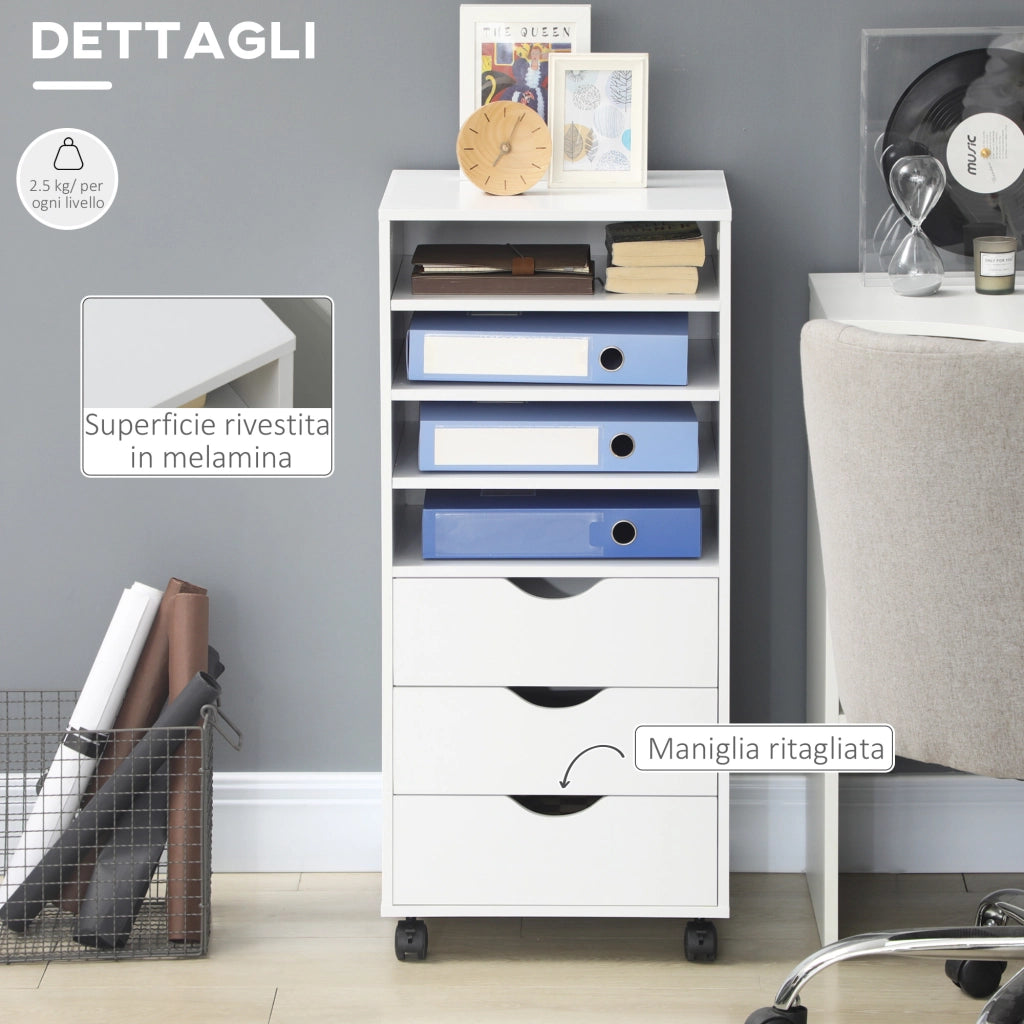 Cassettiera da Ufficio con 4 Ruote 3 Cassetti 4 Ripiani ¨C Minimal ¨C Bianco Legno