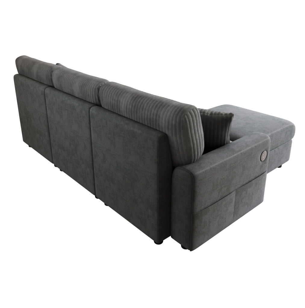 Divano con pouf; USB e Type-C; 223×146×84 cm; ciniglia e velluto a coste; grigio