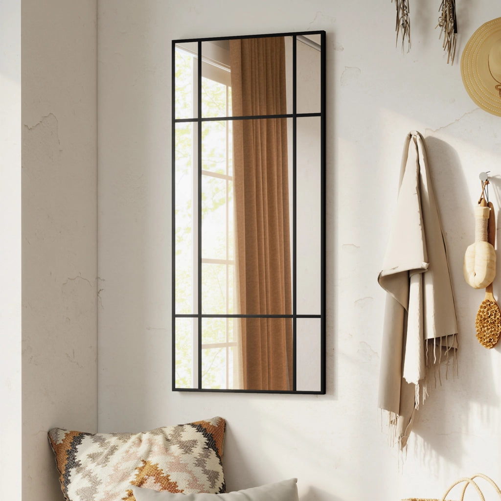 Specchio da Parete Stile Finestra con Montaggio Verticale e Orizzontale, 110x50cm, Nero