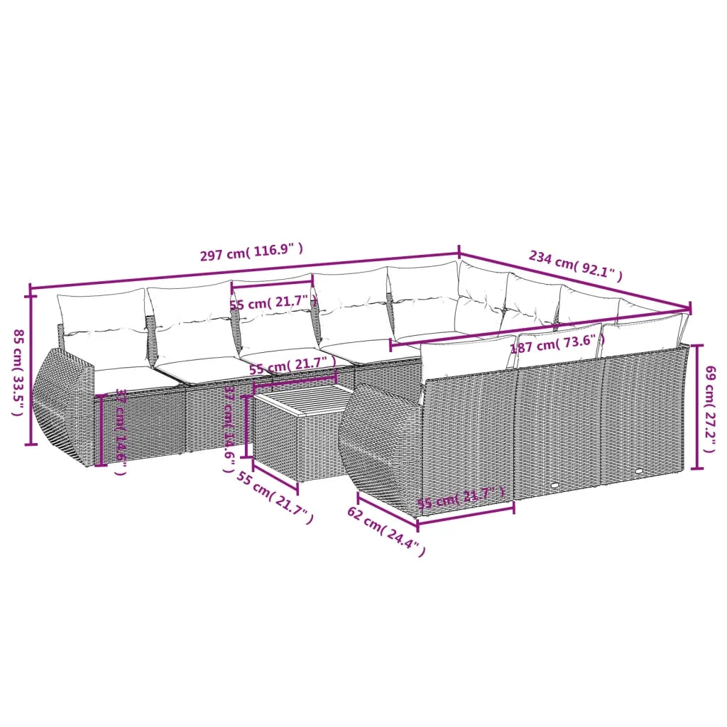 Set Divani da Giardino 11 pz con Cuscini Beige in Polyrattan 3257514