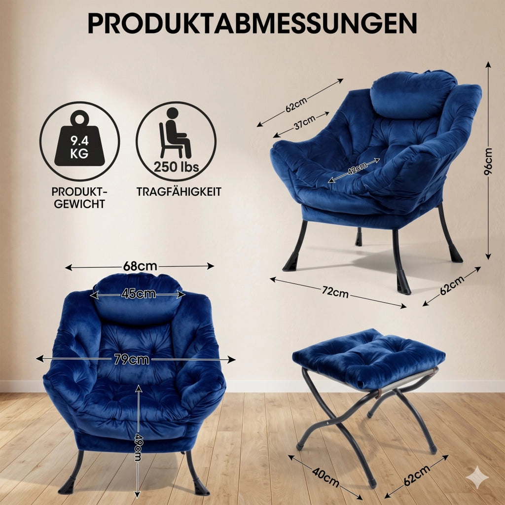 POLTRONA Relax con Pouf 70x77x20 cm Tessuto Blu Scuro
