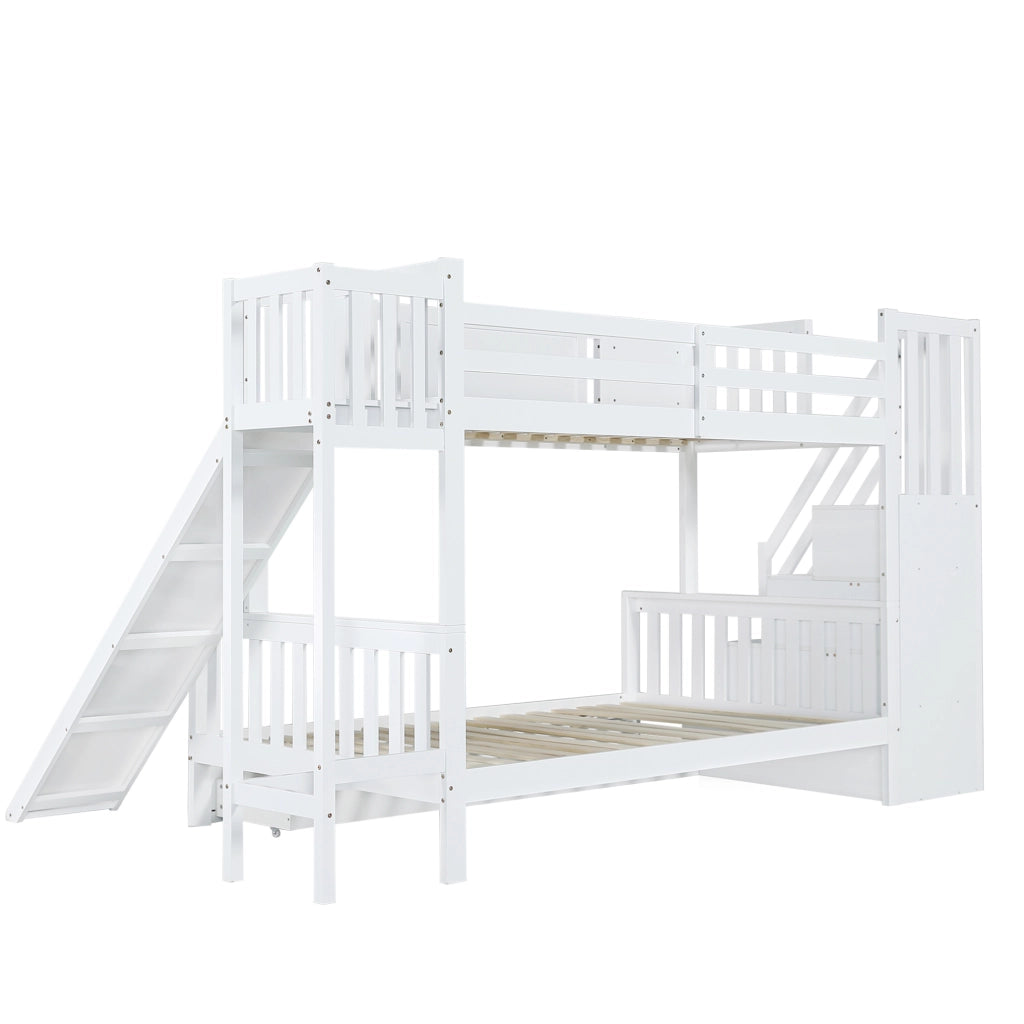 Letto a castello 90x200 cm bianco in pino e MDF con scivolo e scale