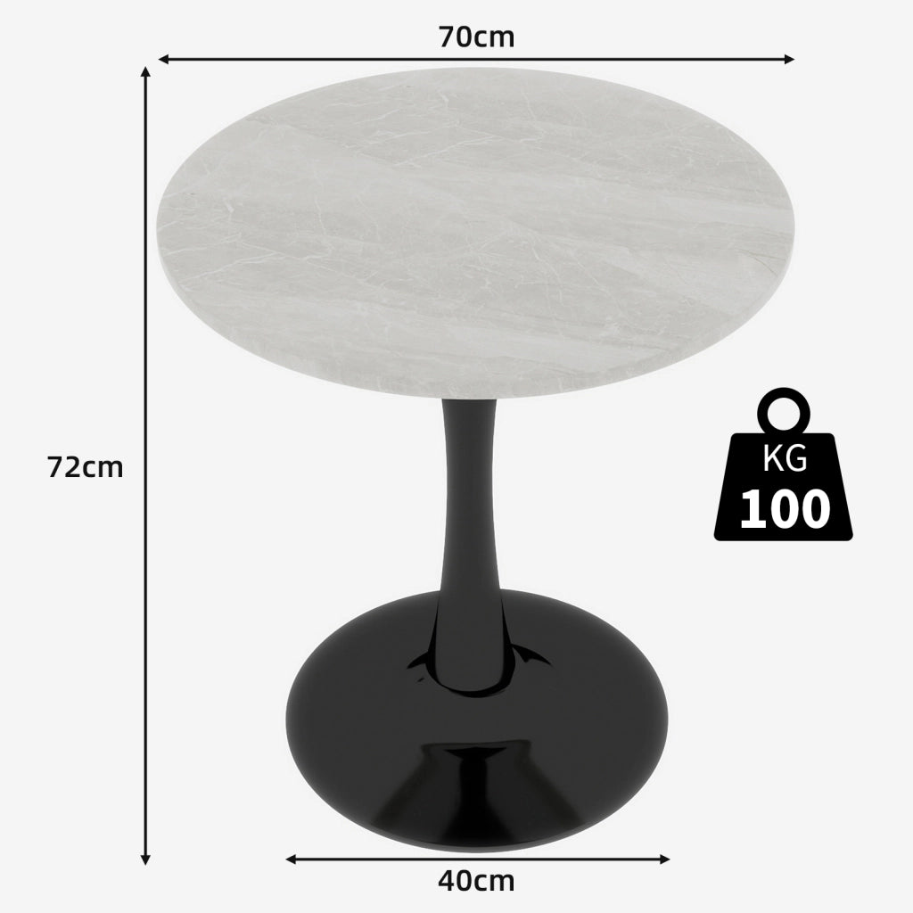 Tavolo da pranzo - rotondo 70 cm - stile mid-century - marmo venato bianco - per 2-4 persone - nero