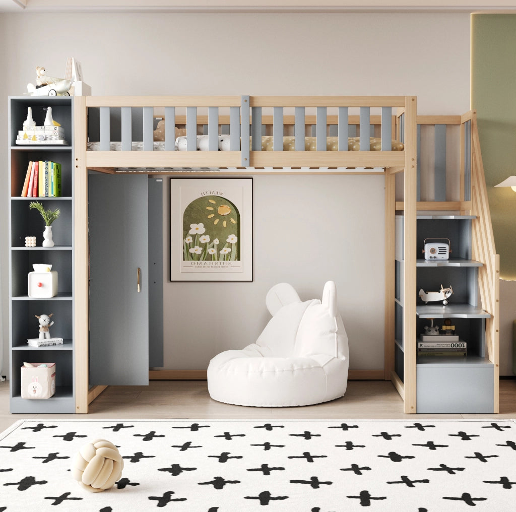 Letto a soppalco 90x200 cm in legno con armadio; scaffali e scala con vani; grigio e legno naturale