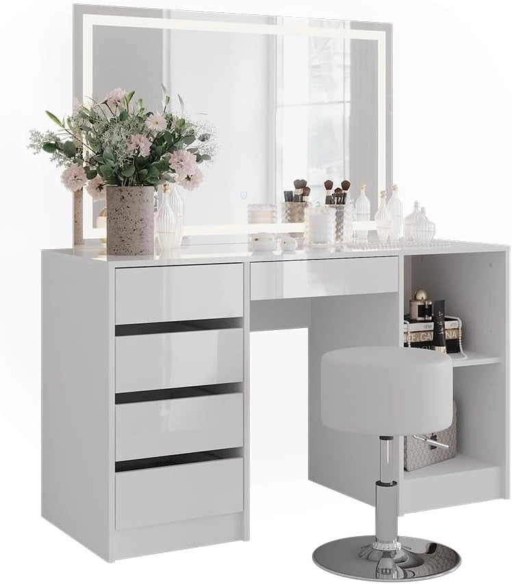 Tavolo da toeletta Sherry, Bianco/bianco lucido, 128.2 cm con specchio LED e sgabello, con piano d'appoggio laterale e sgabello regolabile in altezza