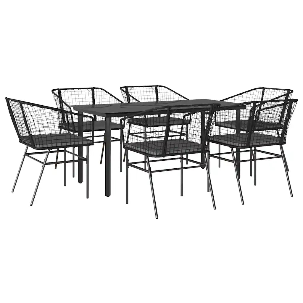 Set Pranzo da Giardino 7 pz Nero con Cuscini Polyrattan Vetro 3334601