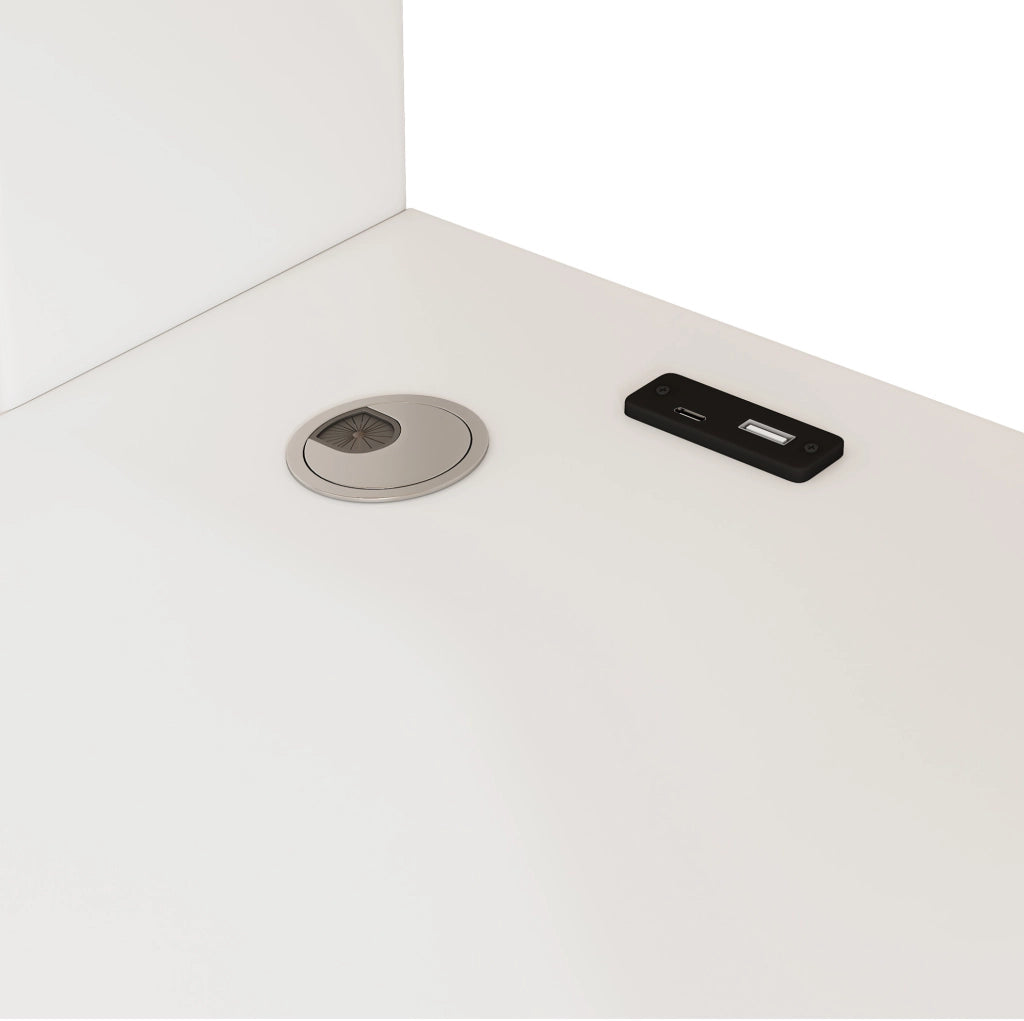 Letto a soppalco singolo 90x200 cm bianco con scrivania a L; mensole; cassetti e USB/Type-C