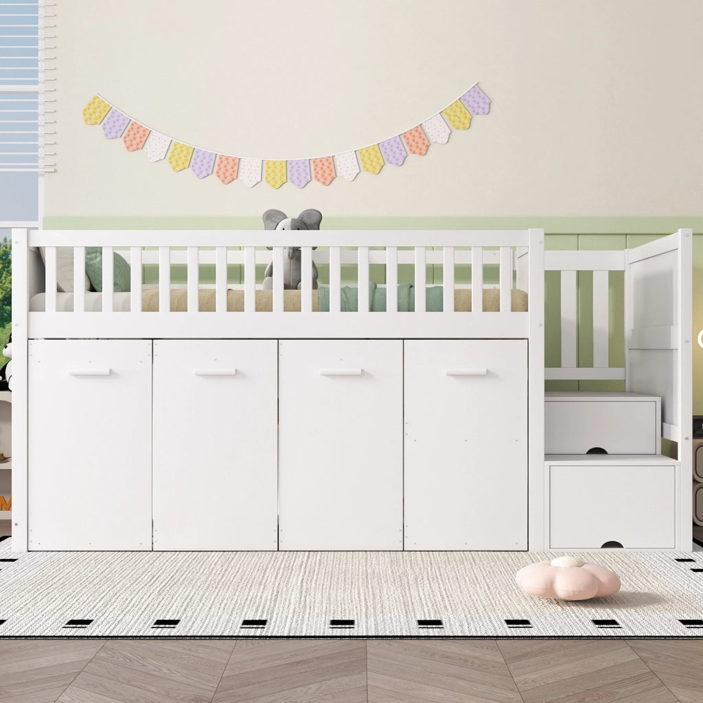 DESMIU Letto a castello 90 × 200 cm 2 posti con scrivania, armadio e vani, senza materasso, bianco