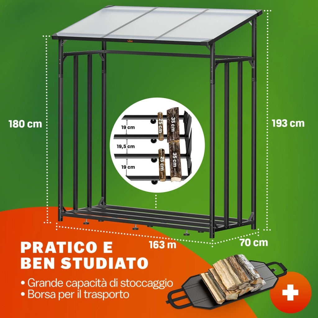 ® Legnaia da Esterno 2,3 m³ 70Px163lx198H cm Tetto Copertura Protettiva Portalegna Rastrelliera Legno Camino Telo Giardino Borsa per Trasporto