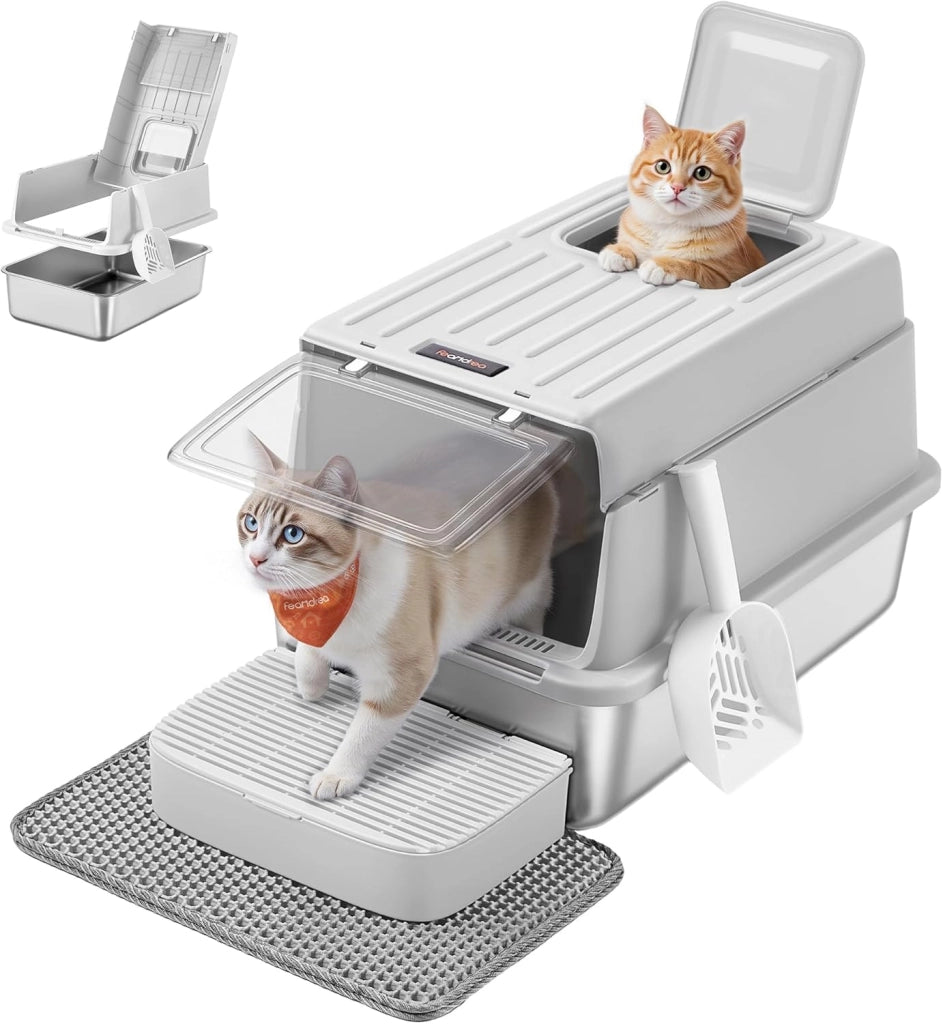 Feandrea Lettiera per Gatti in Acciaio Inox, Toilette per Gatti fino a 15 kg con Coperchio, con Paletta, Tappetino per Lettiera e 2 Ingressi, Grigio Tortora PPT007GN01