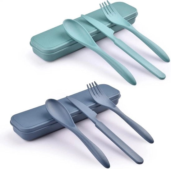 Set di utensili riutilizzabili con valigetta, forchetta da viaggio, set di coltelli e cucchiai, set di plastica portatile per picnic, scuola, ufficio, pranzo