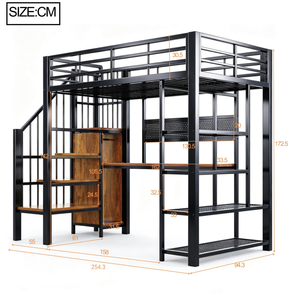Letto a soppalco multifunzione 90x200 cm in metallo e legno; con scala contenitore; LED e prese; nero