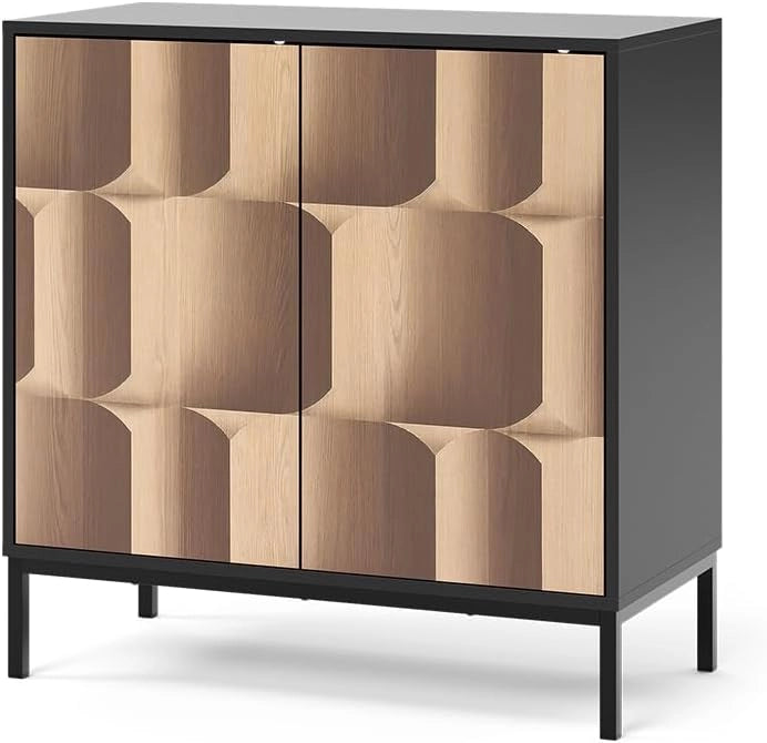 Credenza Eliza, Nero/quercia, 80 x 81.2 cm con 2 ante, Meccanismo push-to-open e superficie facile da pulire