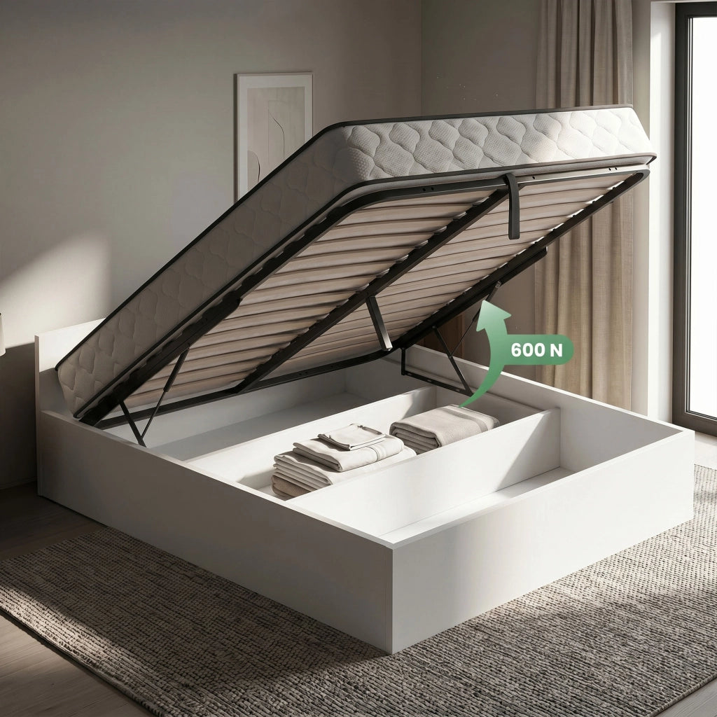 Letto con contenitore 160x200 cm rete sollevabile in metallo e materasso a molle Bianco