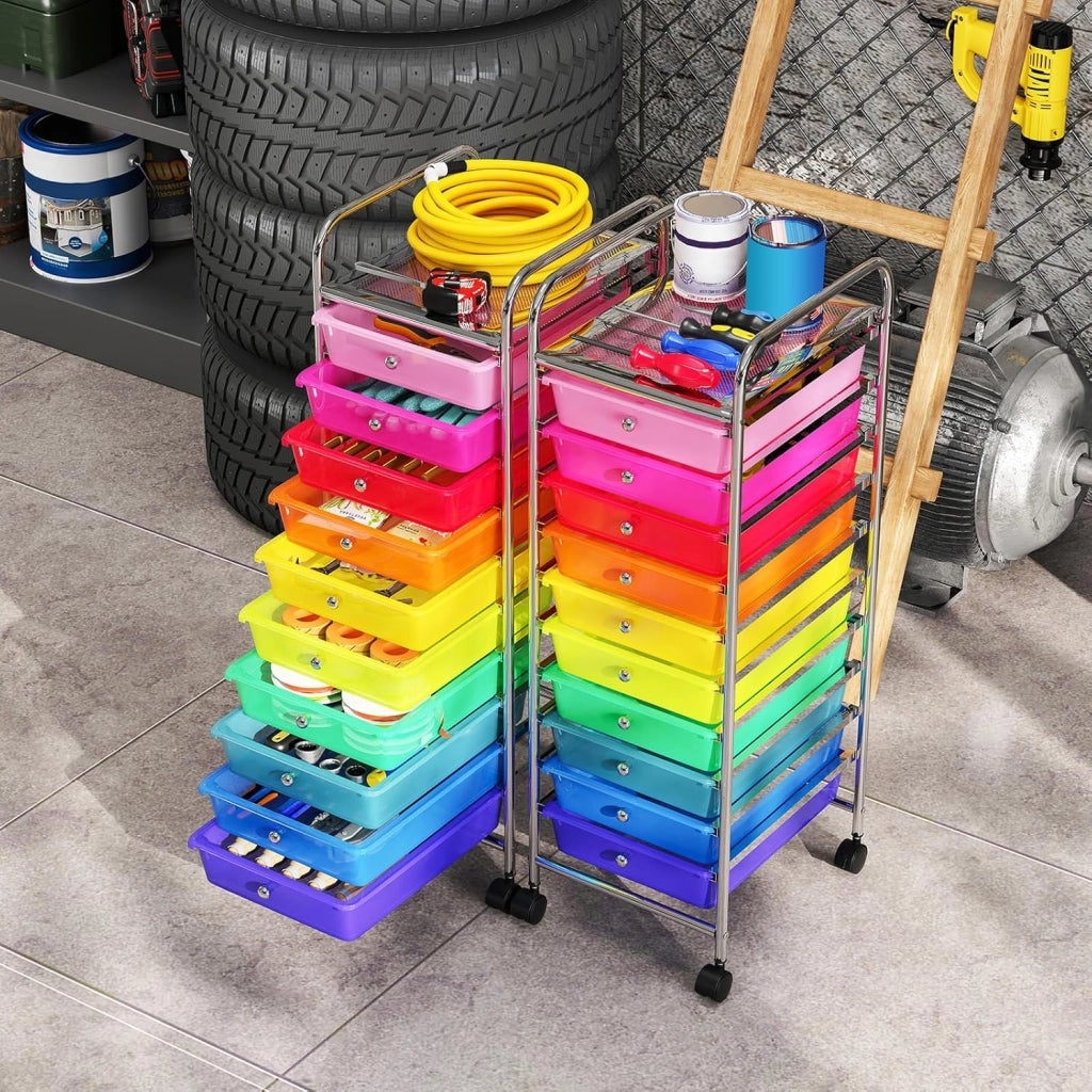 Carrello Portaoggetti con 10 Cassetti, Cassettiera con Ruote, Struttura in Metallo, Ruote Universali Bloccabili e Maniglia, Carrello Organizer per Casa, Ufficio (39 x 32 x 97 cm)
