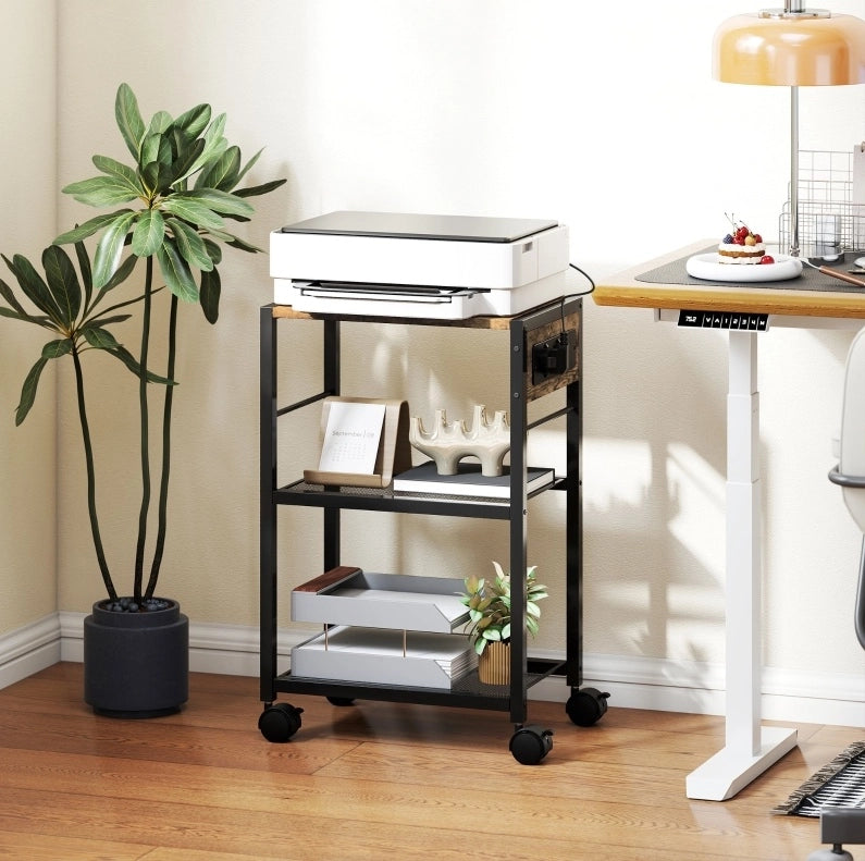 Carrello portastampante con prese elettriche, USB e USB-C, 40 kg, marrone rustico