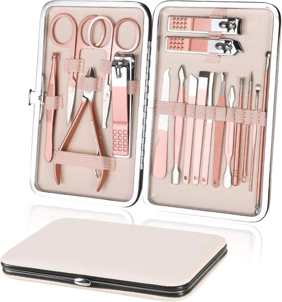 Set di manicure e pedicure, 18 pezzi di taglieri per unghie professionali, forbici per unghie in acciaio inossidabile, set di manicure e pedicure con valigetta da viaggio e elegante scatola di conservazione per uso domestico (rosa oro)