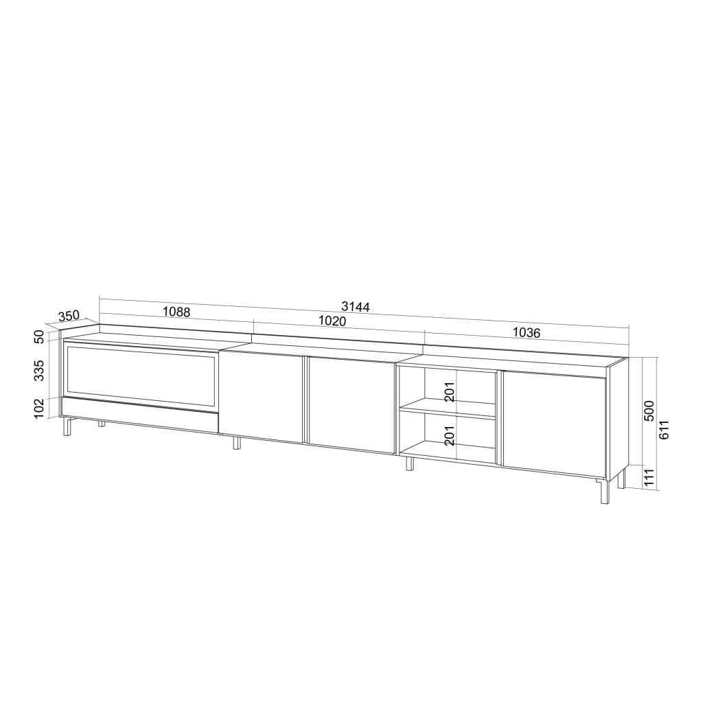 Mobile TV Soggiorno, 315x61x35 cm, Per TV fino a 80", Camino elettrico XXL, Design industriale, Beige