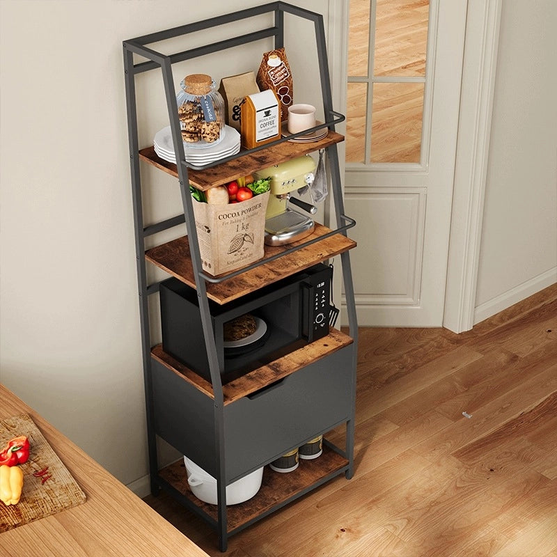 Scaffale da cucina per microonde in rovere rustico, grande e pratico, con ganci in stile loft
