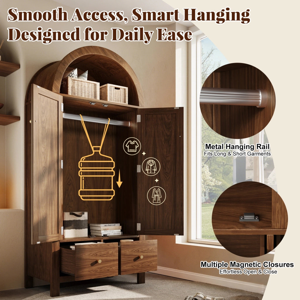 Armadio con 2 ante, 2 cassetti, vano aperto e asta, stile country, per camera da letto, noce, 181 × 78 × 45 cm