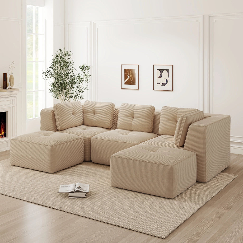 Divano angolare modulare in velluto a coste con seduta profonda e braccioli larghi senza montaggio, beige