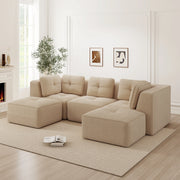 Divano angolare modulare in velluto a coste con seduta profonda e braccioli larghi senza montaggio, beige