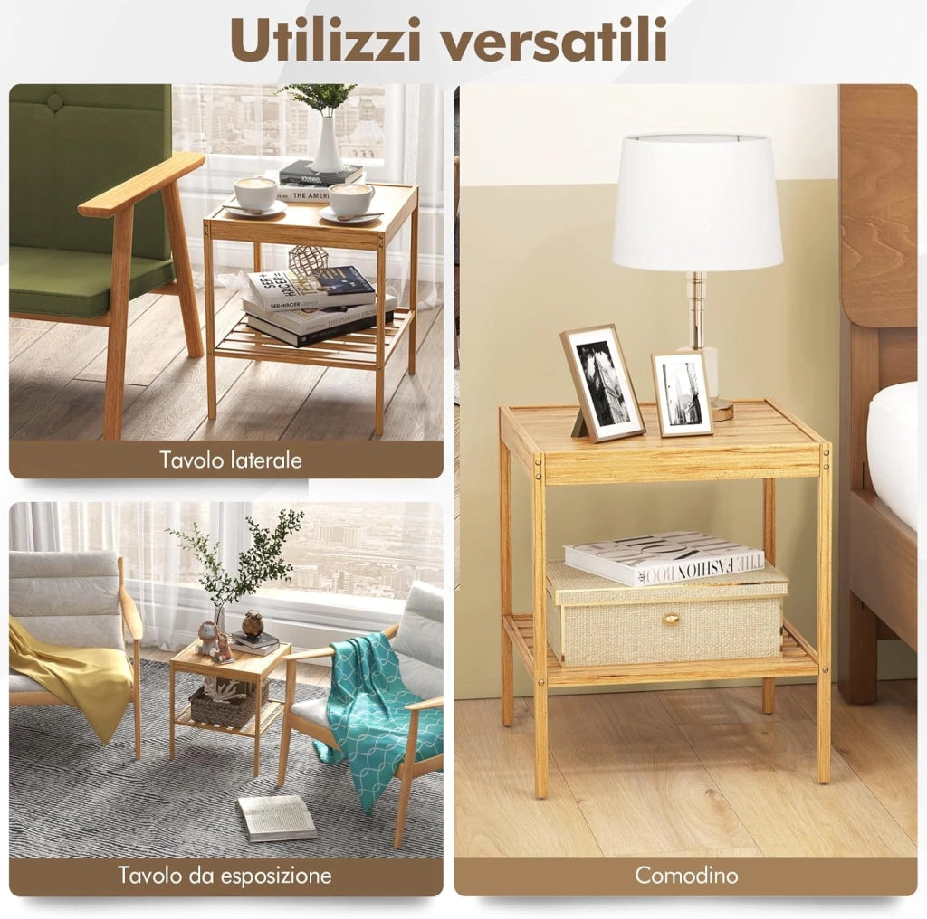 Set 2 Comodini a 2 Livelli 40x40x45cm in Bambù, Tavolino Moderno Camera da Letto, Mobile da Divano e Letto per Soggiorno e Ufficio, Naturale