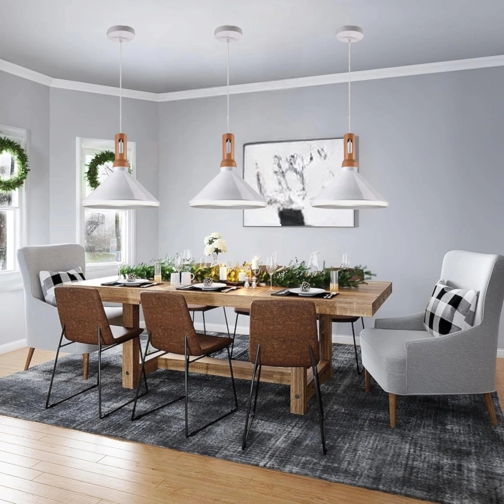 Lampadario a sospensione bianco in metallo con attacco E27, diametro 35 cm, altezza totale 130 cm, stile moderno, IP20