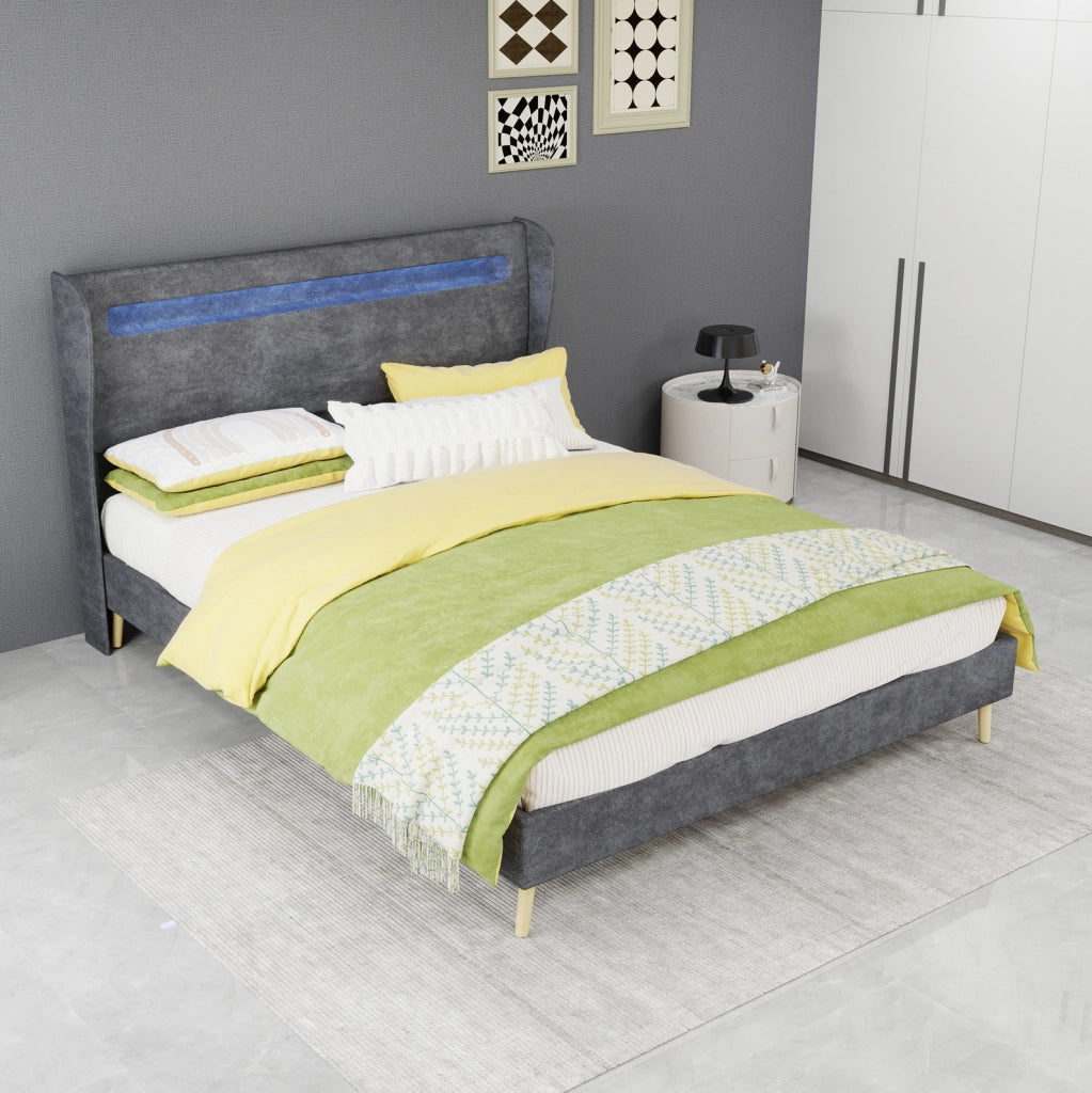 Letto imbottito con LED e testiera regolabile 140x200 cm in tessuto e metallo; grigio