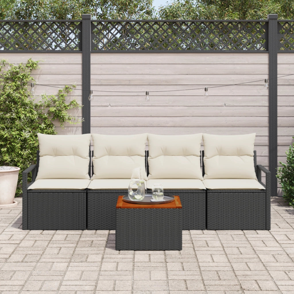 Set Divano da Giardino a 5 Pezzi con Cuscini Nero Polyrattan Acacia