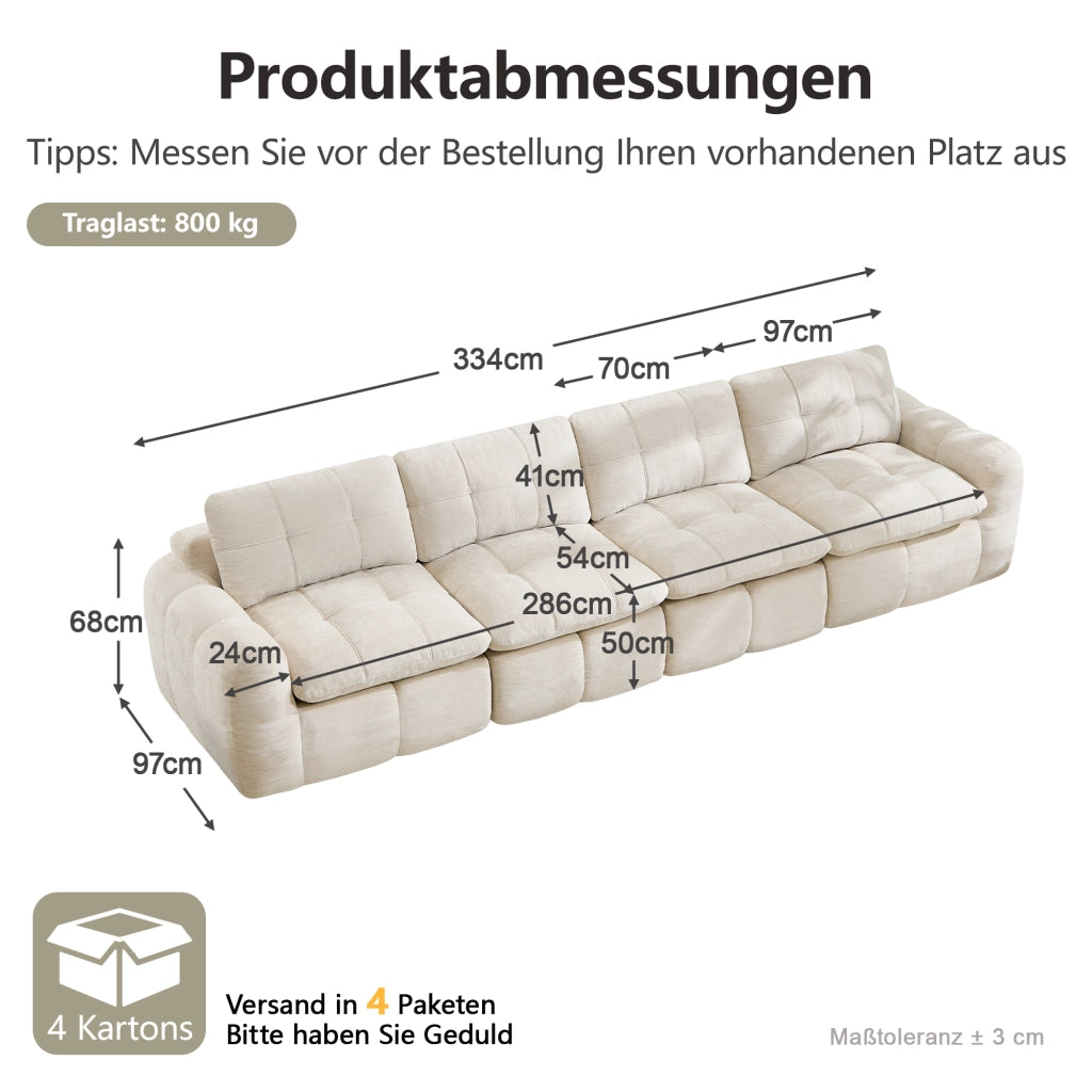 Divano modulare 4 posti senza telaio con schiuma ad alta densità e seduta ampia in ciniglia beige 334 × 97 × 68 cm