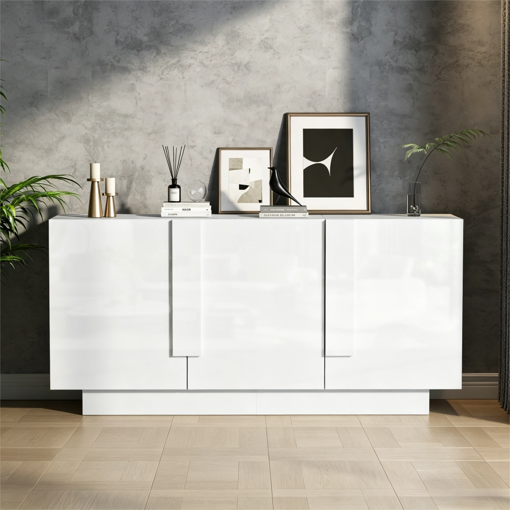 Credenza con 3 ante e 6 vani; ripiani regolabili - per soggiorno e sala da pranzo - 160×35×60 cm - bianco