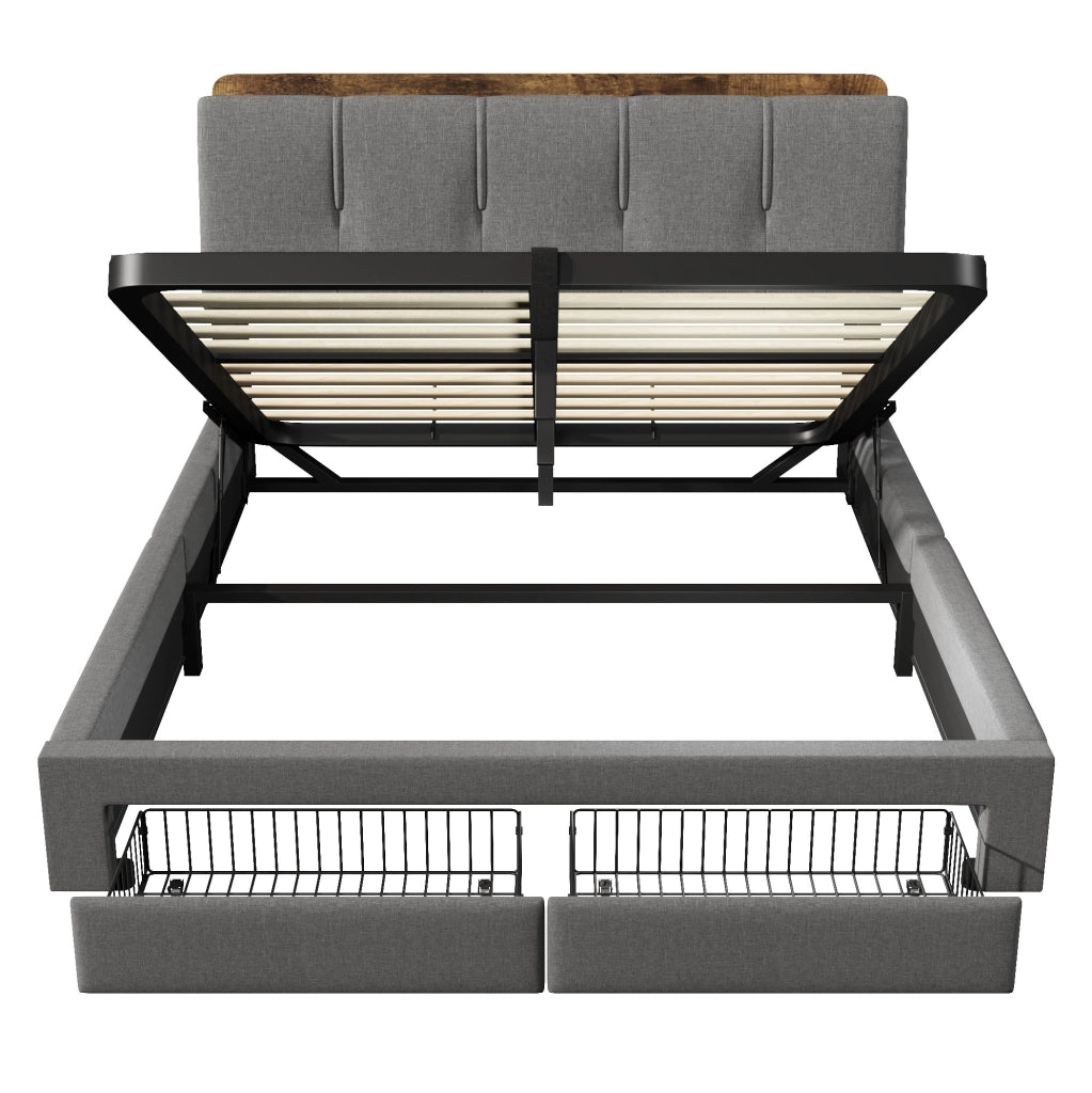 Letto contenitore imbottito ULEVR 140x200 cm con LED, USB e Type-C, cassetti laterali, lino grigio