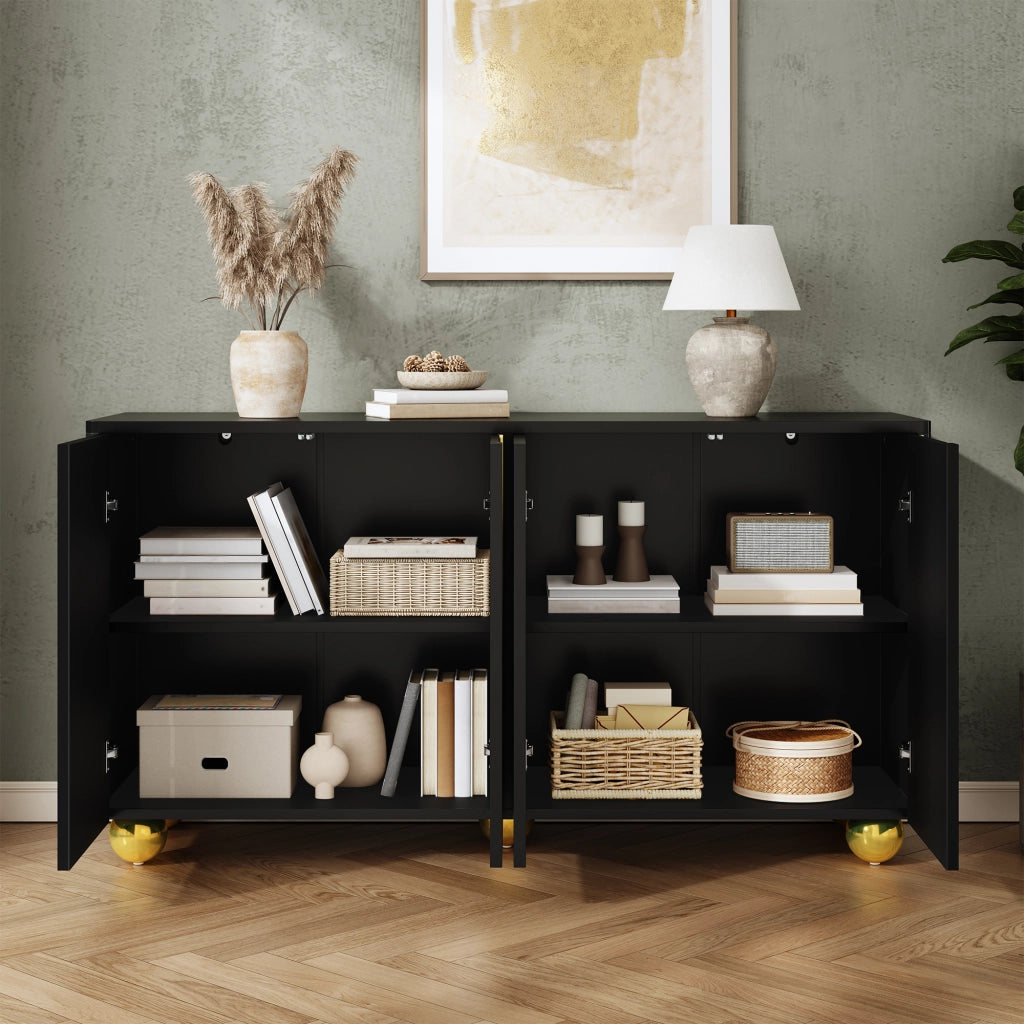 Credenza a 4 ante con incisione a arco dorata e piedi metallici sferici per ingresso e soggiorno 140 × 40 × 74 cm