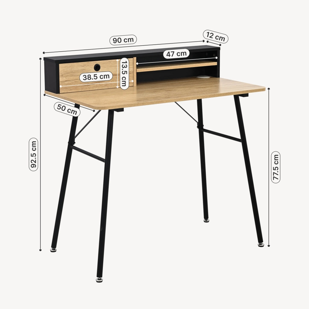Scrivania Var con 2 Scomparti e Cassetto 93 x 90 x 50 cm - Nero / Effetto Rovere [en.casa]