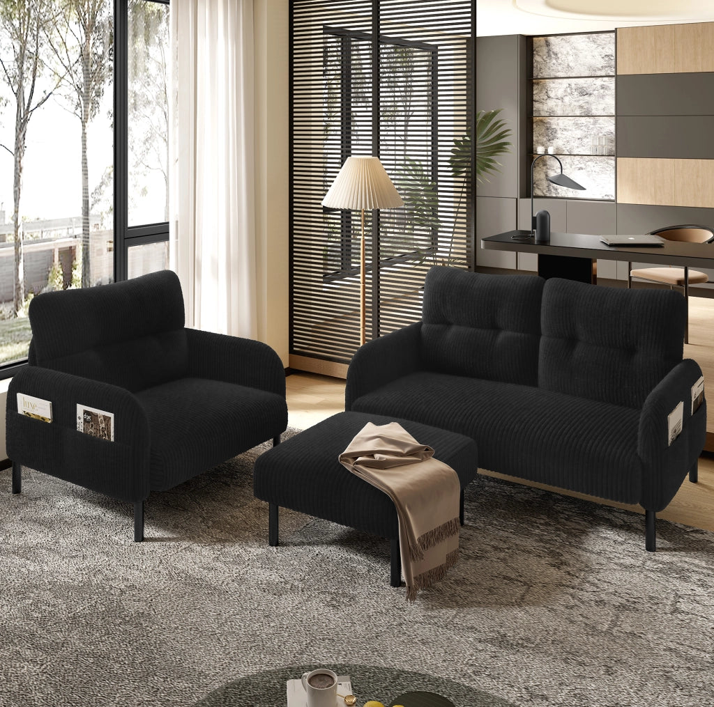 Poltrona singola in velluto a coste nero con tasca laterale; 67 x 75 x 79 cm