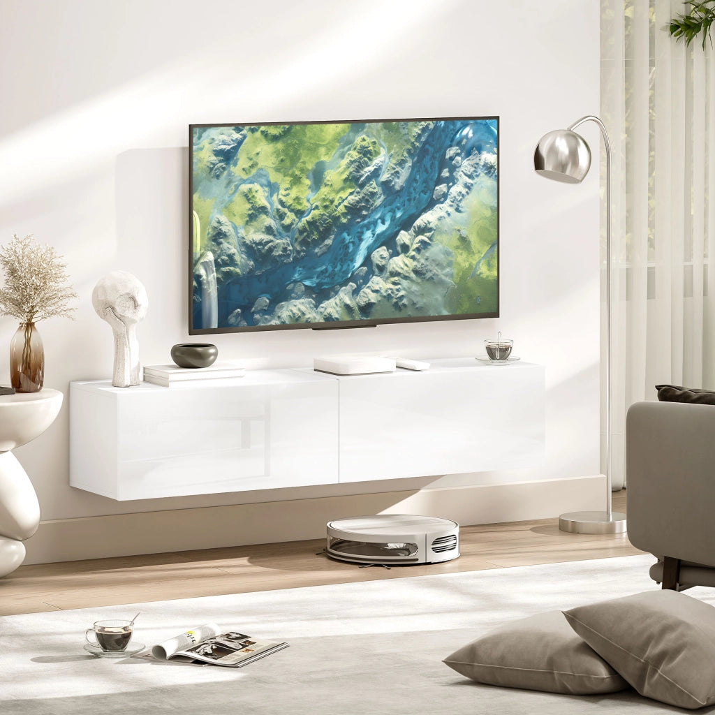 Mobile TV Sospeso per Televisori da 45"-55"-65" con 2 Armadietti e Ante a Ribalta-Credenza  per TV,140x33x29.8 cm,Bianco