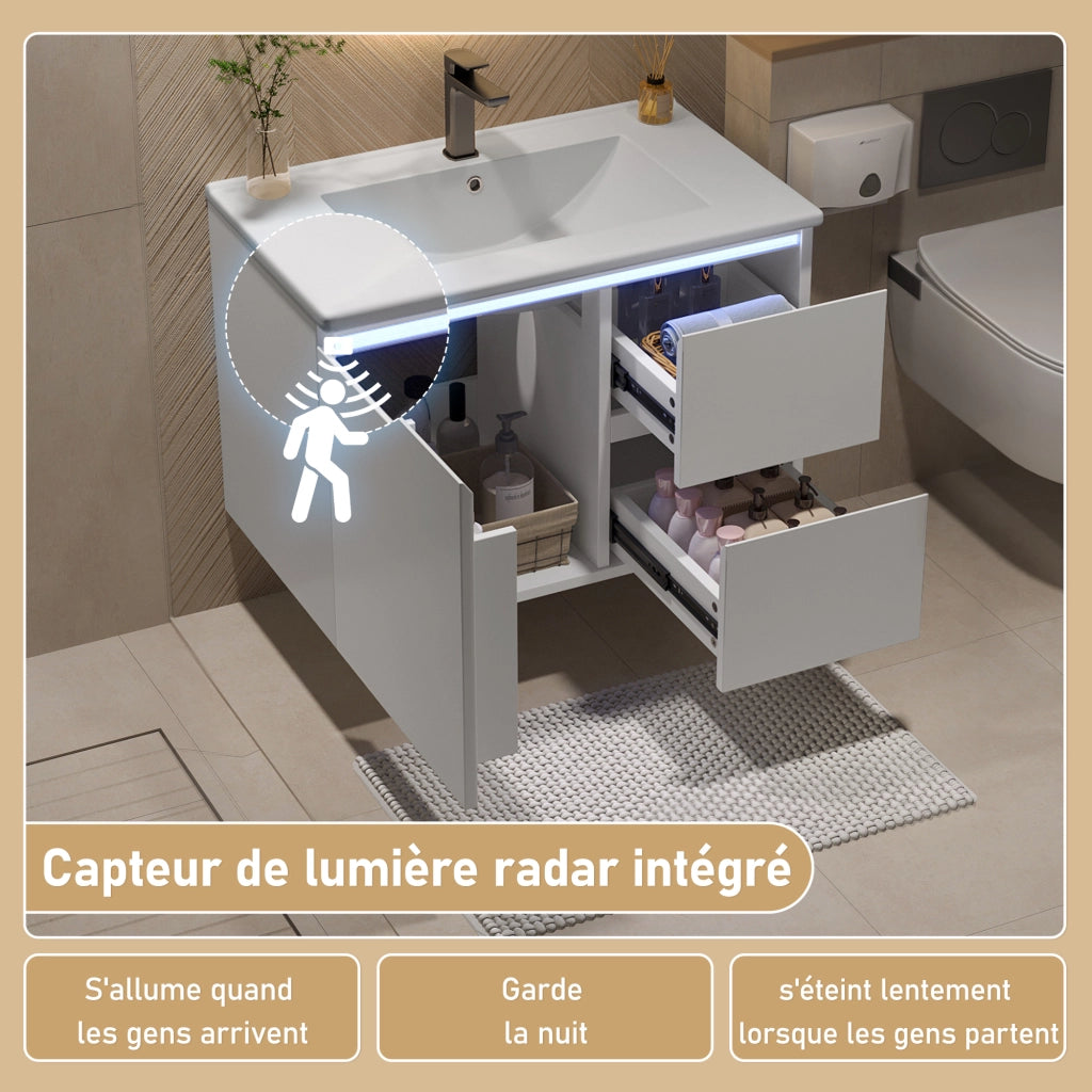 Mobile sottolavabo con 2 cassetti, LED a sensore radar, lavabo in ceramica, per bagno, bianco, 76 × 46 × 50 cm