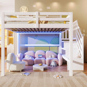 Letto a soppalco 140x200 cm bianco con LED e scala contenitore